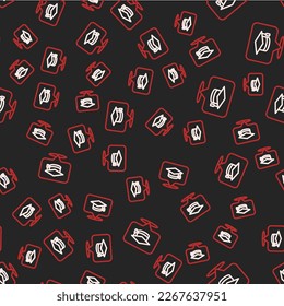Line Graduation cap in speech bubble icon isolated seamless pattern on black background. Graduation hat with tassel icon.  Vector