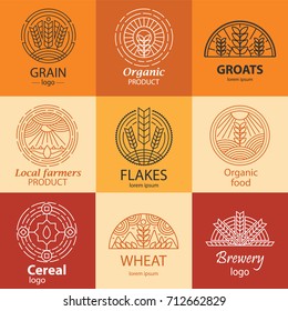 Line grain, groats, cereal logo and signs set. Local farmers product, organic symbols in linear style. Can be used for bread, brewery branding, ads, etc.