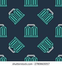 Line Granary icon isolated seamless pattern on black background. Silo with grain, elevator, granary, factory. Warehouse of grain crops.  Vector