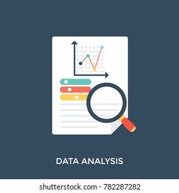 Line graph analysis of data with magnifier glass, flat vector icon