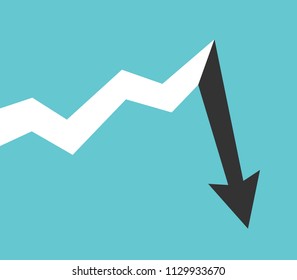 Line graph with arrow showing long progressive growth and abrupt drop after it. Crisis, finance, investment and risk analysis concept. Flat design. Vector illustration, no transparency, no gradients