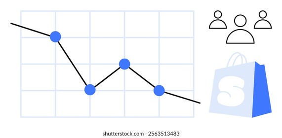 A line graph with blue data points showing a downward trend. Three user icons and a blue shopping bag are included. Ideal for business, ecommerce, analytics, user engagement, and market trends