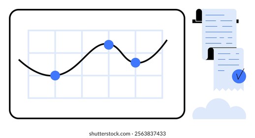 A line graph with blue data points on a grid beside a document with a blue checkmark. Ideal for business analytics, financial reports, data presentation, statistics, and performance tracking. Flat