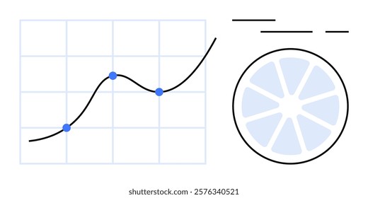 A line graph with blue data points and a rising trend next to a simplified pie chart. Ideal for business analysis, data representation, statistical studies, market research, and presentations