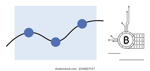 Un gráfico de líneas con puntos azules muestra las tendencias del mercado, mientras que un símbolo de Bitcoin con Elementos circulares está junto. Ideal para criptomonedas, análisis de mercado, finanzas, inversiones y tecnología blockchain