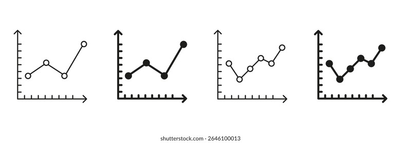 Line Graph Chart Line And Solid Icon Set. Data Analysis, Trend Visualization, And Business Growth Symbol Collection. Statistical Representation And Performance Tracking. Isolated Vector Illustration.