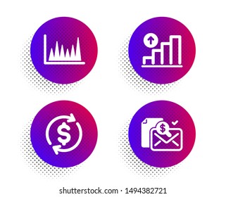 Line graph, Graph chart and Usd exchange icons simple set. Halftone dots button. Accounting report sign. Market diagram, Growth report, Currency rate. Check finance. Finance set. Vector