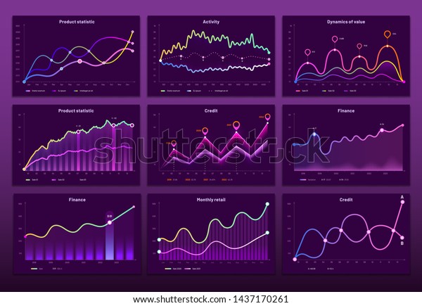 Line\
graph charts. Business financial graphs, marketing chart graphics\
and histogram infographic. Economy data graph, crypto currency\
prices bar or analytics analysis diagram vector\
set