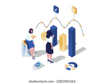 Concepto de gráfico de línea 3d escena web isométrica. Personas trabajando con gráficos de datos y haciendo análisis estadístico. Los analistas calculan los gráficos de referencia para el informe. Ilustración vectorial en el diseño gráfico isométrico