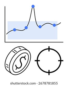 Gráfico de linhas com pontos de dados, moeda em dólar e destino. Ideal para análise de negócios, planejamento financeiro, pesquisa de mercado, definição de metas, controle de receita, visualização de dados da estratégia de investimento. Linha