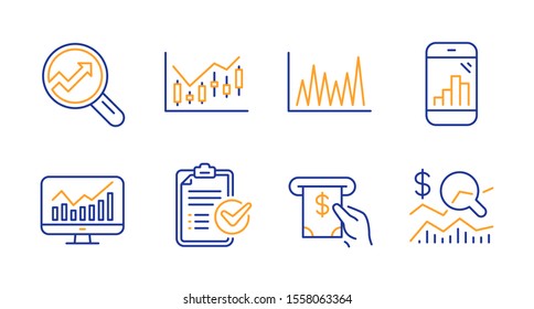 Line graph, Financial diagram and Survey checklist line icons set. Statistics, Atm service and Graph phone signs. Analytics, Check investment symbols. Market diagram, Candlestick chart. Vector