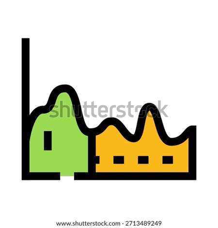 Line graph with a green and orange filled area, representing a changing waveform, financial data, or statistical progress over time for various reports and analyses