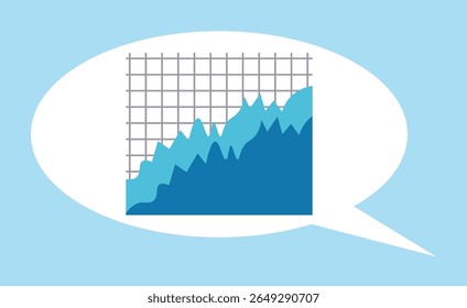 Ilustração de gráfico de linhas apresentando curvas ascendentes em tons de azul, contidas em uma bolha de fala. O gráfico inclui um plano de fundo de grade, sinal de gráfico comercial