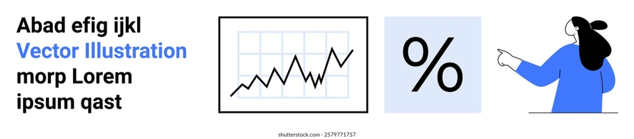Line graph with increasing trend next to percent symbol and a businessperson pointing. Ideal for data analysis market trends financial reports business presentations and economic studies. Banner