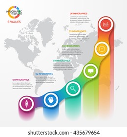 Line graph infographic template for charts and diagrams. Business, education, industry, science concept with 6 values, options, parts, steps, processes.