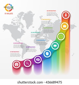 Line graph infographic template for charts and diagrams. Business, education, industry, science concept with 8 values, options, parts, steps, processes.