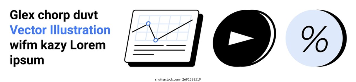 Line graph on paper with two data points, play button circle, and percentage symbol. Ideal for business analytics, financial reports, data presentations, educational materials, video tutorials