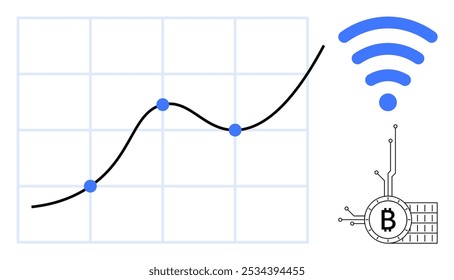 Um gráfico de linhas com tendência positiva mostrando pontos de dados, um símbolo de rede na parte superior direita e um símbolo de Bitcoin abaixo dele. Ideal para tecnologia, finanças, criptomoeda, análise de crescimento, tendências de dados