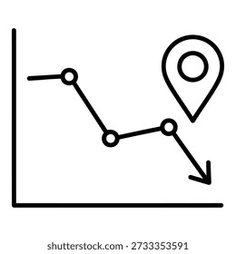 Gráfico de línea que muestra la tendencia a la baja con el indicador de pin de ubicación y flecha