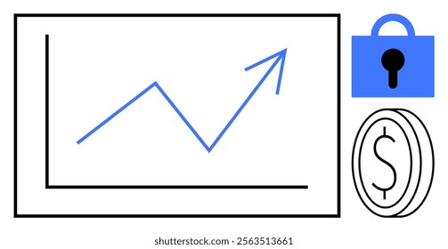 Line graph showing upward trend, lock symbol, and dollar coin outline. Ideal for financial security, investment growth, economic stability, savings, and monetary policies