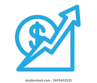 Line graph showing an upward trend with a dollar sign, representing financial growth, investment success, and positive economic indicators isolated on white background