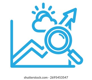 Line graph showing an upward trend with a magnifying glass, sun, and cloud, representing growth analysis and positive market trends isolated on white background