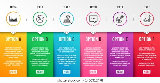 Line graph, Target and Report timer icons simple set. Blog, Pie chart and Efficacy signs. Market diagram, Targeting. Education set. Infographic template. 6 steps timeline. Business options. Vector