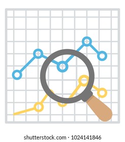 Line graph under magnifier, financial monitoring flat icon