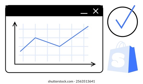 A line graph within a browser window showing upward trend with a checkmark symbol and a blue shopping bag icon Ideal for business growth, e-commerce success, analytics, financial data, and marketing