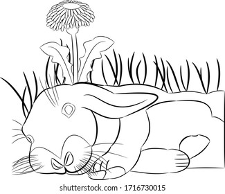 Line graphic figure. Rabbit with grass and dandelions in the background