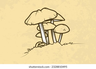 Line graphic of mushrooms on an earthy, grunge background