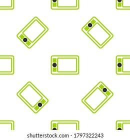 Icono de tableta gráfica de línea aislado patrón sin fisuras en fondo blanco.  Ilustración vectorial