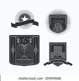 Line graphical emblems with contour resorts and sights illustrations. Historical linear labels. 