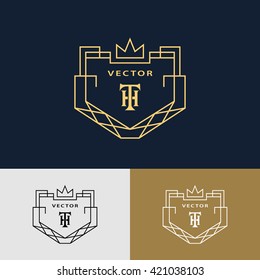 Line graphics monogram. Abstract logo with crown. Vector template in trendy mono line style. Letter emblem TH. Minimal Design elements for company logo,  Restaurant, Royalty, Boutique, Cafe, Hotel