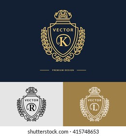 Line graphics monogram. Elegant art logo design. Letter K, R, L. Emblem template. Business sign, identity for Restaurant, Royalty, Boutique, Cafe, Hotel, Heraldic, Jewelry, Fashion. Vector elements