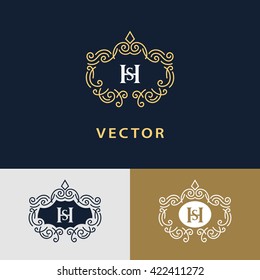 Line-Grafik-Monogramm. Elegantes Logo-Design. Brief SH. Graceful Vorlage. Geschäftszeichen, Identität für Restaurant, Royalty, Boutique, Café, Hotel, Heraldic, Schmuck, Mode. Vektorelemente