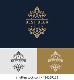 Line graphics monogram. Logo design. Flourishes frame ornament template with hops and leaves  for logos, labels, emblems for beer house, bar, pub, brewing company, brewery, tavern. Vector illustration