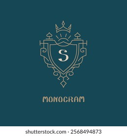 Line graphics monogram. Royal art logo design. Letter S. Graceful template. Business sign, identity for Restaurant, Royalty, Boutique, Cafe, Hotel, Heraldic, Jewelry, Fashion. Vector elements