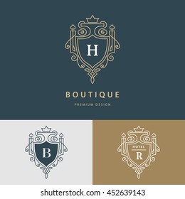 Line graphics monogram. Royal art logo design. Letter H, B, R. Graceful template. Business sign, identity for Restaurant, Royalty, Boutique, Cafe, Hotel, Heraldic, Jewelry, Fashion. Vector elements