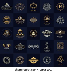 Line graphics monogram. Vintage Logos Design Templates Set. Business sign Letter emblem. Vector logotypes elements collection, Icons Symbols, Retro Labels, Badges, Silhouettes. Premium Collection