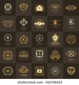 Line graphics monogram. Vintage Logos Design Templates Set. Business sign Letter emblem. Vector logotypes elements collection, Icons Symbols, Retro Labels, Badges, Silhouettes. Premium Collection