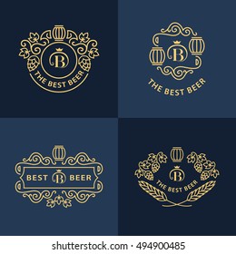 Line graphics monograms. Logo design. Flourishes frame ornament template with barrel , hops and leaves for logos, labels, emblems for beer house, bar, pub, brewing company, brewery, tavern. Vector set