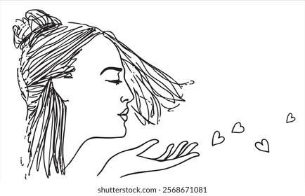 Line graphics for Valentine's Day. The face of a girl in profile sending an air kiss with hearts. Design for cards and congratulations.