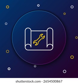 Línea de papel gráfico para la ingeniería y el icono de la llave aislado en el fondo azul. Concepto de contorno colorido. Vector