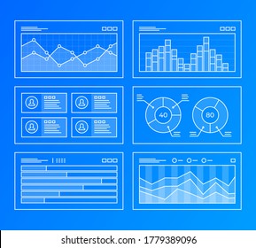 Line graphs with falling and rising сurves, pie charts, bar charts. Background illustrating annual reports, analysis, financial data, market fluctuations