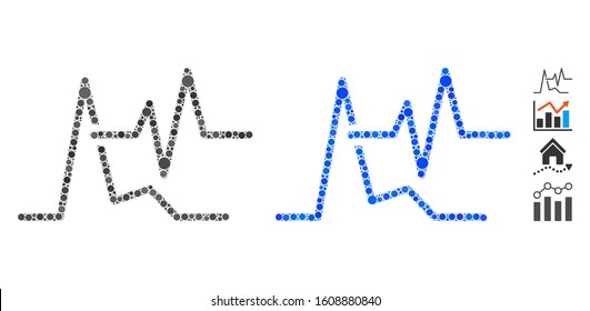 Line graphs mosaic of filled circles in various sizes and color tints, based on line graphs icon. Vector filled circles are combined into blue composition.