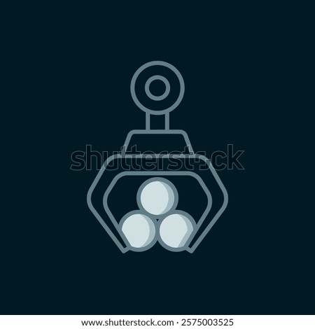 Line Grapple crane grabbed a log icon isolated on black background. Forest industry. Industrial crane for lumber trunk wood production. Flat filled outline style with shadow. Vector