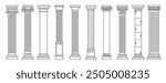 Line Greek pillars and Roman columns, ancient architecture and antique buildings, vector icons. Greece or Rome architecture column pillars of marble stone in line art with pilasters and ornate cornice