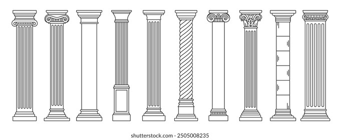 Line Greek pillars and Roman columns, ancient architecture and antique buildings, vector icons. Greece or Rome architecture column pillars of marble stone in line art with pilasters and ornate cornice