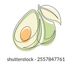 Line green avocado with leaf isolated on white background. Simple silhouette of fruit. Hand drawn avocado outline. Vector illustration